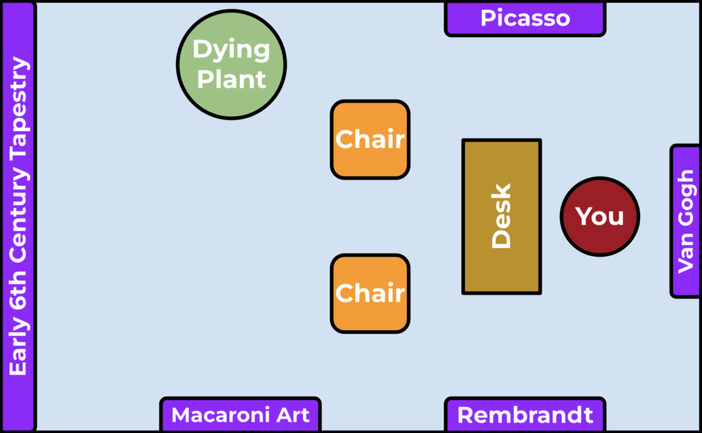 illustrated floorplan showing how to add wall hangings to a podcast recording studio to soften echoes