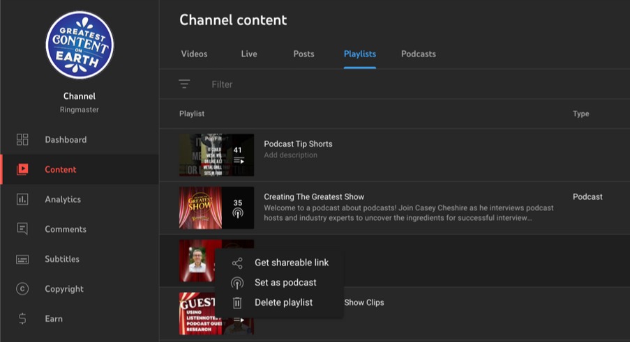 Overview of Playlists listed on a YouTube channel shown in a screenshot of YouTube Studio which shows how to set an existing playlist as a podcast. 