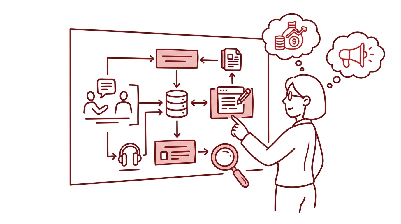 A B2B marketing leader reviewing a workflow diagram that turns recorded expert conversations into transcripts, Q&A breakdowns, and social clips for AI search visibility. · AI-generated