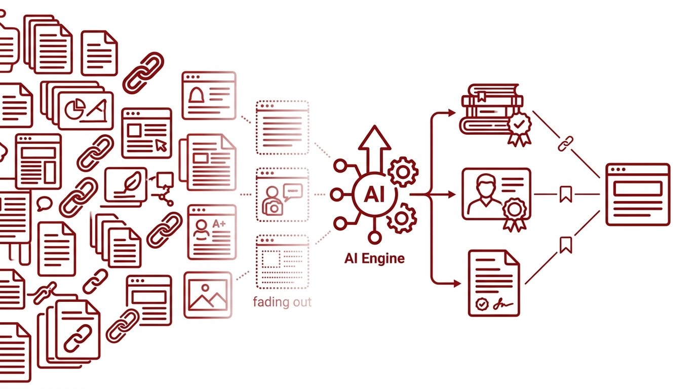 Abstract illustration of an AI answer engine filtering a stream of web sources, with a few verified expert voices highlighted and selected as citations while generic pages fade out.