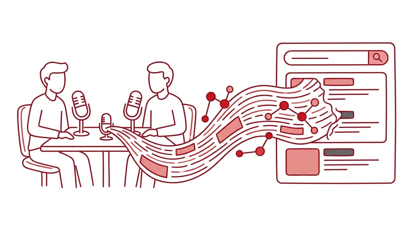 A B2B podcast host in an expert conversation with a guest, microphones between them, while transcript text and labeled entity nodes flow from the recording toward an AI search interface.