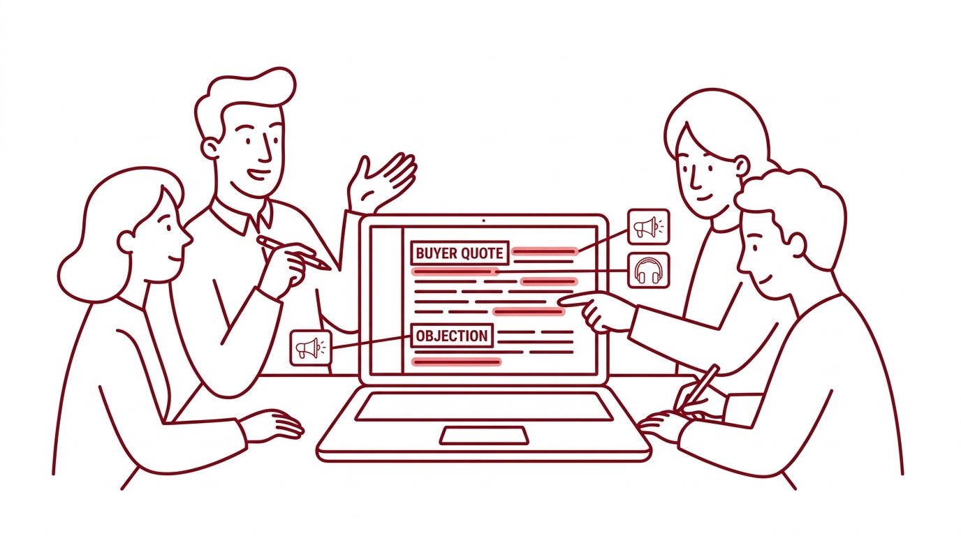 A revenue marketing team reviewing a sales call transcript on a laptop, with buyer quotes and objections highlighted and tagged for content repurposing.