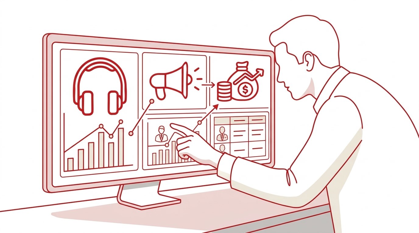 A B2B marketing leader reviewing a dashboard that connects podcast audio engagement with CRM pipeline attribution and account-based marketing metrics.