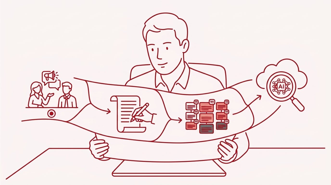 A B2B marketing leader reviewing a workflow diagram that moves from a recorded expert conversation through transcription and structuring into citable content blocks indexed by AI search engines.