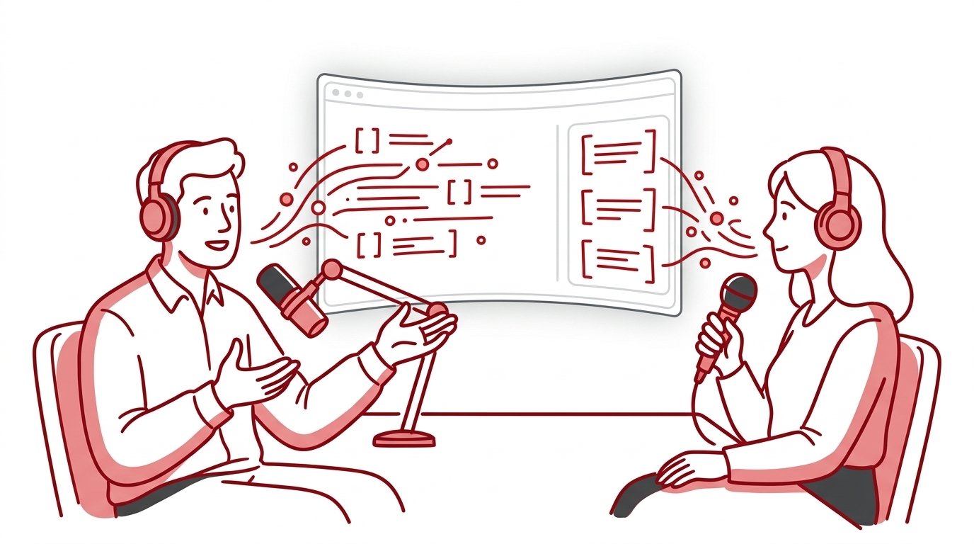 Two professionals in a warm studio conversation with microphones, while abstract data streams and citation markers flow from their dialogue toward a glowing AI interface.