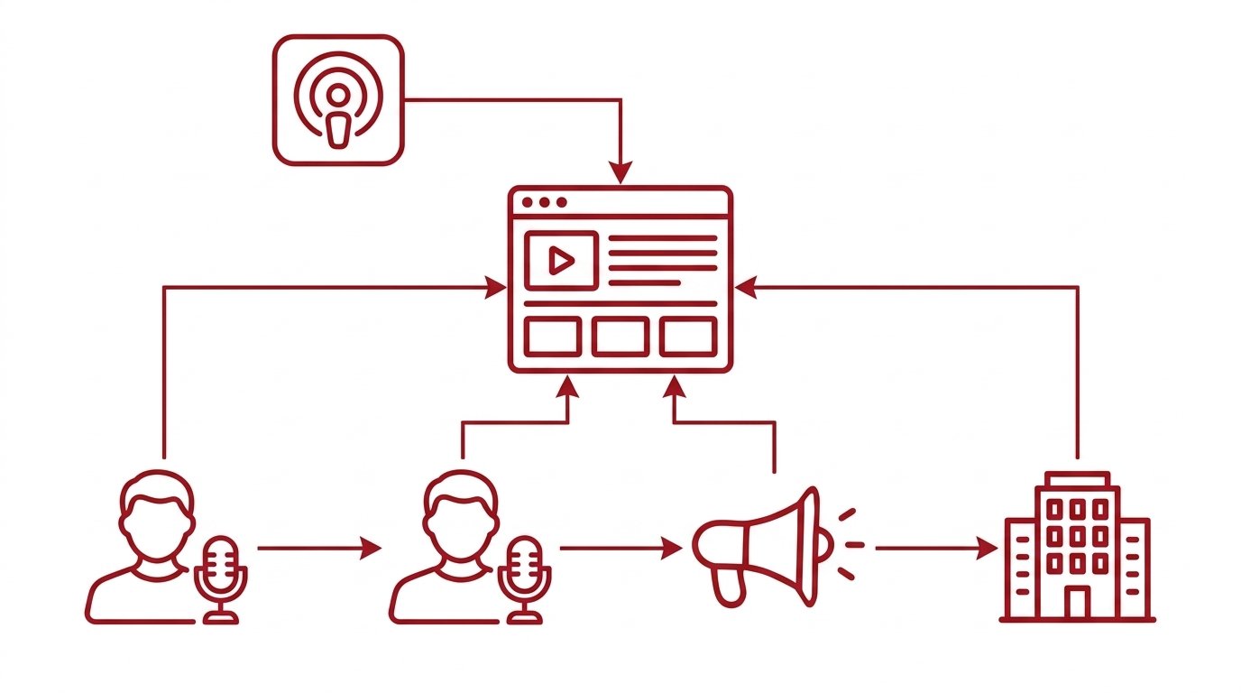 Diagram of a podcast episode web page with JSON-LD schema blocks connecting a host, a guest, an audio file, and a company entity into a knowledge graph readable by AI search engines