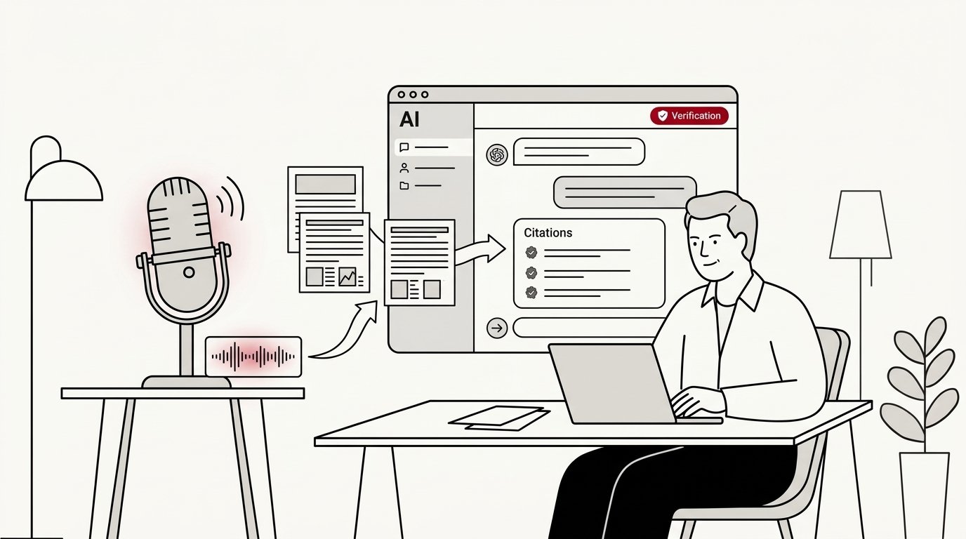 A B2B marketing leader reviewing an AI chat interface that cites expert sources, with a podcast conversation feeding structured content into the answer
